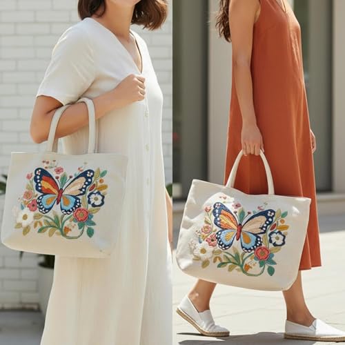 ARTopet 3Pcs Embroidery Tote Bag Kit for Beginners Butterfly Canvas Cross Stitch Handbag with Hoops Needles Threads Reusable Grocery Bag for Women - color: 3Pcs