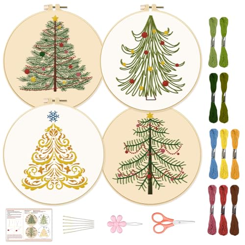 BEUNITONE 4PCS Christmas Tree Embroidery Kit Merry Christmas Stamped Snowflake Pine Tree Needlepoint Kit DIY Adult Beginner Stamped Cross Stitch Kit with Patterns and Instructions - color: 05-Christmas Tree
