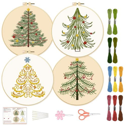 BEUNITONE 4PCS Christmas Tree Embroidery Kit Merry Christmas Stamped Snowflake Pine Tree Needlepoint Kit DIY Adult Beginner Stamped Cross Stitch Kit with Patterns and Instructions - color: 05-Christmas Tree