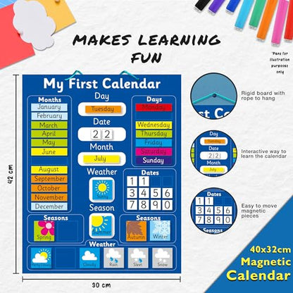 Fridge Magic Interactive Children's Magnetic Learning Calendar - Blue- Fun Educational Tool for Time, Seasons, and Weather Awareness - 40x32 cm with Easy Hang Loop - color: Blue