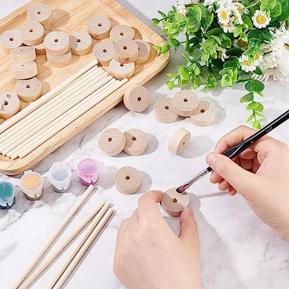 OLYCRAFT 30Pcs Wooden Craft Wheels 1.1x0.4 Inch With 15Pcs 5.9 Inch Sticks - Small Flat Wood Wheels for DIY Model Cars and Crafts Supplies - size: 1.1 inch x 0.4 inch