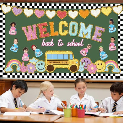 Welcome Back to School Bulletin Board Boho Groovy Preppy Patch Classroom Bulletin Board Decorations Schoolbag Paper Cutouts for Office Chalkboard Decor First Day of School Wall Door Supplies - style: Back to School
