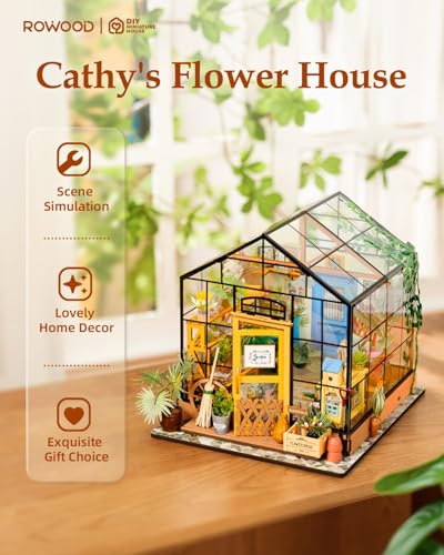 Rowood Miniature House Kit, Mother's Day DIY Miniature Greenhouse Dollhouse Kits for Adults, Wooden Crafts for Adults, Gifts on Birthday Christmas - Cathy's Flower House - style: Cathy's Flower House