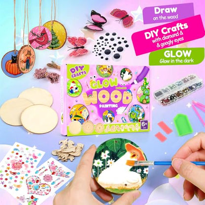 Sulataya Wooden Painting Kit, Wood Slices Craft Kit Gift Set with Assorted Gems & Diamond Painting Tools – Creative Art Activity Supplies for Adults Beginners