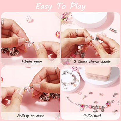 UFU Charm Bracelet Making Kit, Jewelry Making Kit Craft Gift for Girls 5 6 7 8-12, A Sweet Birthday Gift to Inspire Imagination & Creativity, with Portable Jewelry Box - color: B-Pink