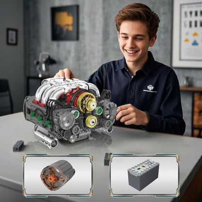 NUTCRACKER Flat Engine Building Set, V8 Model Engine Kit, Mini Engine Scale Model with Motor That Works, DIY STEM Project Building Toy, Creative Birthday Gift for Adult Boys 14+ (2375 Pieces)