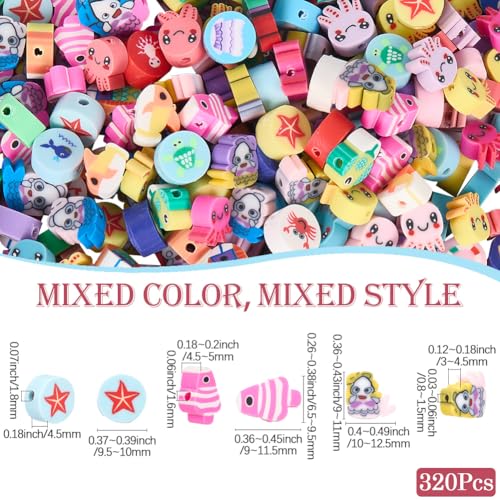 1 Box 4 Styles 320Pcs Summer Polymer Clay Beads Ocean Clay Beads Bulk Loose Large Sea Animals Fish Octopus Mermaids Cartoon Spacers for Jewelry Making Findings Bracelet Necklace Hair Clip
