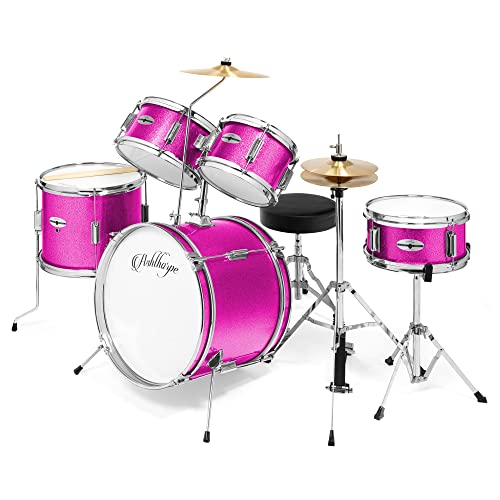 Ashthorpe 5-Piece Complete Kids Drum Set with Genuine Brass Cymbals - Junior Beginner Kit with 16" Bass, Throne, Hi-Hats, Pedals & Drumsticks - Pink - color: Pink