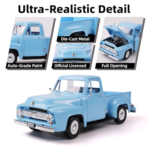 1953 Ford F-100 Pickup Truck 1/18 Scale Die-Cast Metal Model Alloy Collection Cars with Display Case, with Opening Doors, Best Gift for Men, Dad & 14+ Years - color: Light Sky Blue