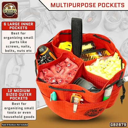 Graintex 18 Pockets Grab Bag Rip-stop Canvas Drawstring Closure, Small Part Organizer Pouch, Small Tools, Screws, Parts, Parachute Tool Bag for Efficient Storage - Red - color: Red