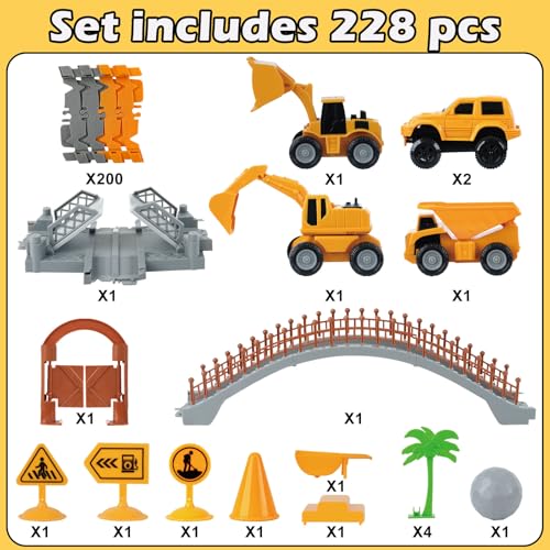 Construction Race Car Track Set for Kids - Flexible Engineering Toys with 2 Electric Cars, Birthday Gift for 3 4 5 6 7 Year Old Boys, DIY Road Games Playset with 220+ PCS - color: Construction Race Track Set