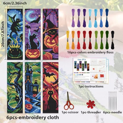 ACRNIGHEET 6PCS Cat Cross Stitch Bookmark Kit DIY Halloween Bookmarks Cross Stitch Kit for Adult Beginners Pumpkin Cross-Stitch Stamped Kits 8.7x3.1inch Stamped Embroidery Bookmark with Instructions - style: Halloween Patterns 1