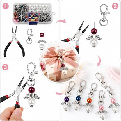 Metacipher 180Pcs DIY Angel Keychain Making Kit with Beads and Pliers ﻿ - color: White Pearl