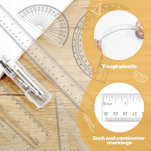 7Pcs Geometry Set-Clear Plastic Rulers,Triangle Ruler,Protractor,Compass