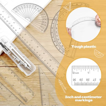 7Pcs Geometry Set-Clear Plastic Rulers,Triangle Ruler,Protractor,Compass