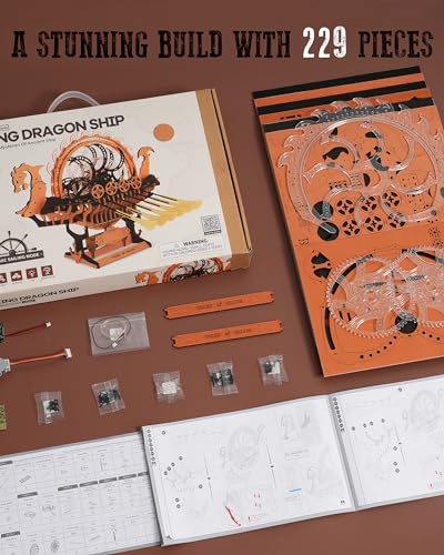 ROBOTIME LK802 Viking Dragon Ship Mechanical Wooden Puzzles, 229 Pieces 3D Puzzles for Adults, Crafts for Adults Hobby Building Kit