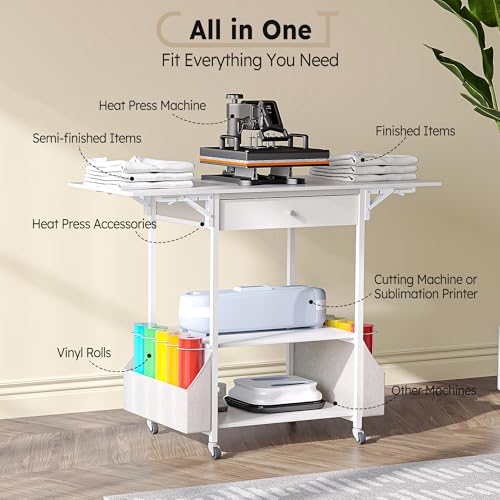 Crafit Foldable Heat Press Table, Hold 36 Vinyl Rolls, Large with Wheels - color: Enlarged Size - White