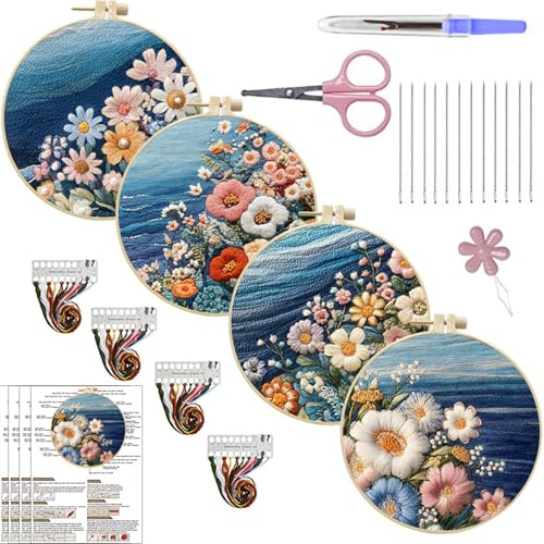 SCECALA 4 Sets Ocean Floral Embroidery Kit - color: Blue and Pink