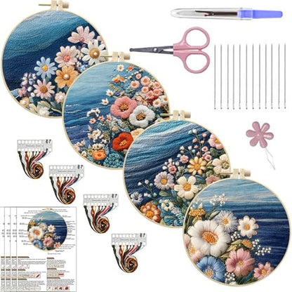 SCECALA 4 Sets Ocean Floral Embroidery Kit - color: Blue and Pink