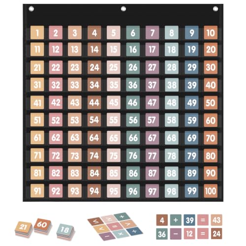 Boho Hundred Pocket Chart 100 Pockets, 119 Double-Sided Number Cards, 1-100 Numbers, Blank Cards & Full Math Operation & Inequality Symbols, Hundreds Chart for Classroom Homeschool Math Supplies