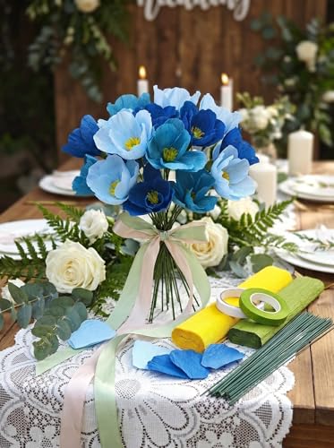 Blue Crepe Paper Poppy Flower DIY Making Kit 24 pcs Easy-to-Make Handcraft Supplies for Beginners & Artisans - color: Blues