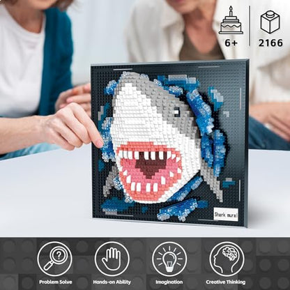 3D Shark Animal Wall Art Micro Mini Building Blocks Set for Adults, No Compatible with Lego, Unique Table Display & Home Wall Decor, Creative Toy Gift for Chritsmas Birthday (2166 PCS) - style: Shark