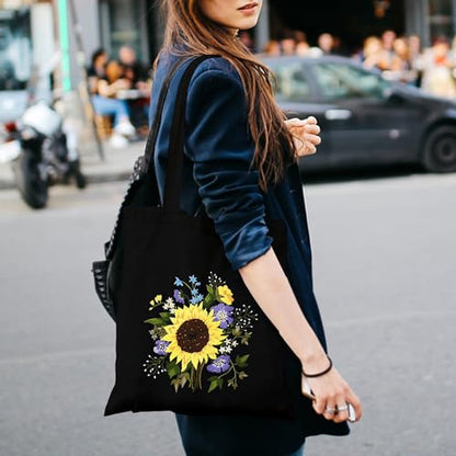 Canvas Tote Bag Embroidery Kit with Sunflower Pattern, Embroidery Kits for Beginners Adults, Arts and DIY Crafts Embroidery Starter kit, Include Stamped Embroidery Bag, Color Threads, Embroidery Tools - color: Black with Sunflower