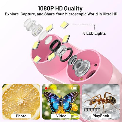 Handheld Digital Microscope for Kids 2.0"IPS Science Toy Age 4-12 - color: Pink