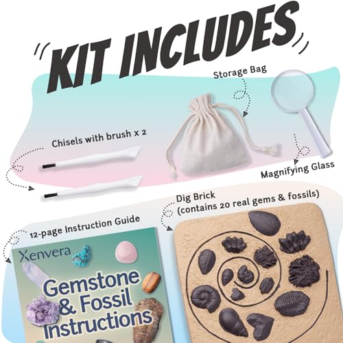 Gemstone and Fossil Dig Kit – Excavate 10 Gems and 10 Fossils, STEM Geology Set, Educational Toy, Science Kit for Kids Ages 8+