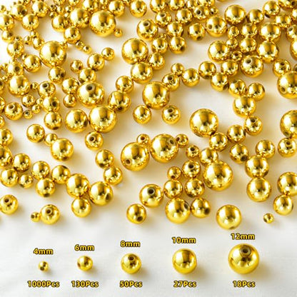 Laopottbeads 1225 Pcs Gold Beads with Oxidation-Resistant Finish, 4/6/8/10/12mm Round Beads DIY Kit for Bracelets, Earrings, Necklaces & Anklets - color: Golden, size: 4/6/8/10/12 mm, 1225 pcs