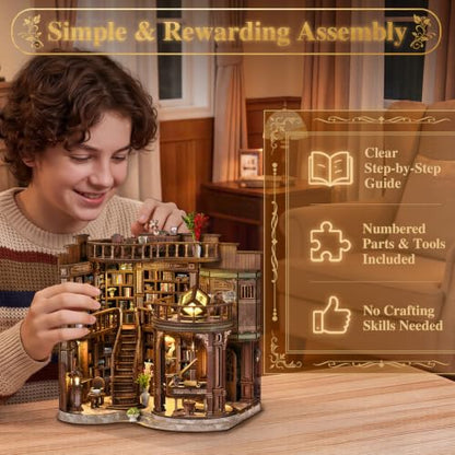 DIY Miniature House Kit for Adults, Tiny Dollhouse Book Nook Kit Bookshelf Crafts Decor, 3D Wooden Puzzle, Gifts for Family Friends Adults Teens, Dream Book Loft