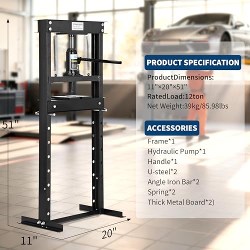 12 Ton h Frame Hydraulic Shop Press, Heavy Duty Garage Floor Press with Adjustable Height, Built in Relief Valve, Professional Grade Car Repair Tool for Bending Straightening Bearings u Joints,Black - size: 12 Ton