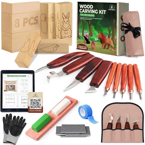 Wood Carving Kit – 29Pcs Whittling Knife Set with 9 Knives, Basswood Blocks w/Carved Guides, Safety Gloves, Whetstone, Stropping Leather & Roll Bag – AMPARIA Premium Tools for Beginner & Professional