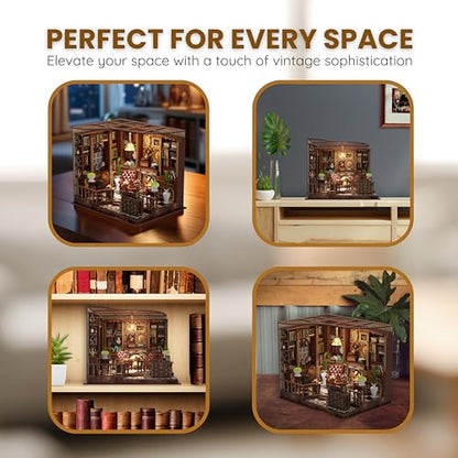 DIY Book Nook Kit LED 3D Wooden Puzzle — Aesthetic Miniature Bookshelf Insert Decor & Diorama Craft Building Kit for Adults, Teens & Home Library | Bookshelf Stand | (Left Bank Study)