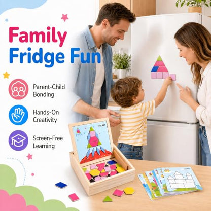 Magnetic Pattern Blocks Wooden Shape Puzzles for Kids Early STEM Learning