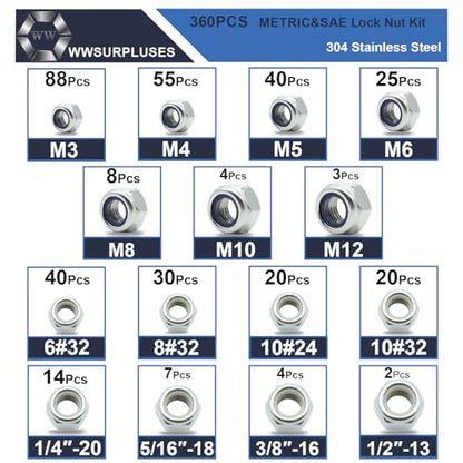 360 Pcs SAE & Metric Lock Nuts Kit, M3-M12 & #6-1/2 Hardware Nuts - size: SAE & Metric 360 Kit (#6 To 1/2, M3 to M12)