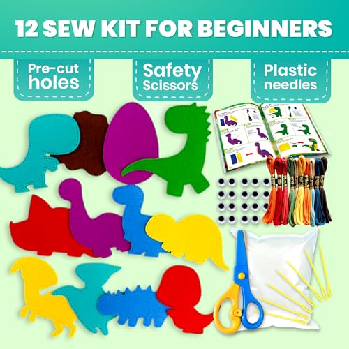 Sewing Kit for Kids Ages 8-12 - 12 Beginner DIY Kids Sewing Crafts Ages 4-7 - color: 5.0 Dino