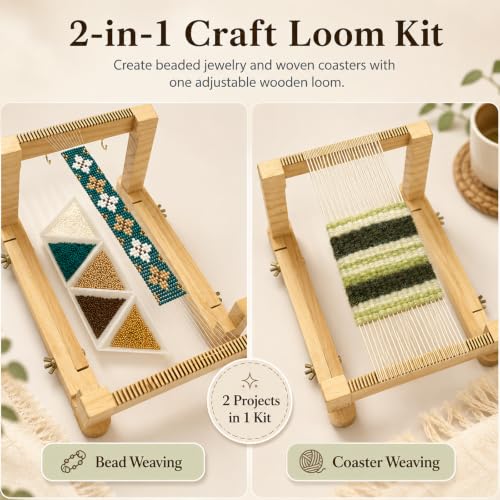 TMEGMIC 2-in-1 Wooden Bead Loom Kit, Bracelet and Coaster Weaving Kit with - color: Emerald Green Kit