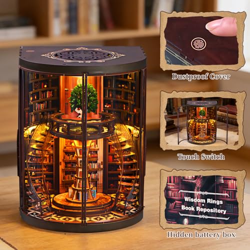 Book Nook Kit for Adult-3D Wooden Puzzles Miniature Library Bookshelf Insert Bookend Decor，Adult Miniature Model with LED Light and Dust Cover, Touch Switch, Adult Craft Kits Gift - style: Wisdom Rings