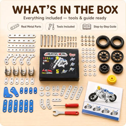 Ferthor Fun Creative Set Motorcycle,Stem Building Projects Toys for Kids 8 9 10 11 12+ Year Old,Metal Building Construction Model kit, 5 in 1 Motobike Building Blocks Steam Educational Toys(139PCS) - size: Motorcycle series 139PCS