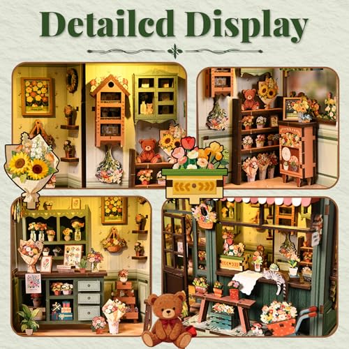 DIY Miniature House Kit for Adults & Teens, Flower Shop Scene Mini House Decor with Touch Switch Light, 3D Wooden Puzzle Gift for Book Lovers & DIY Fans (Aura Verde) - style: Aura Verde
