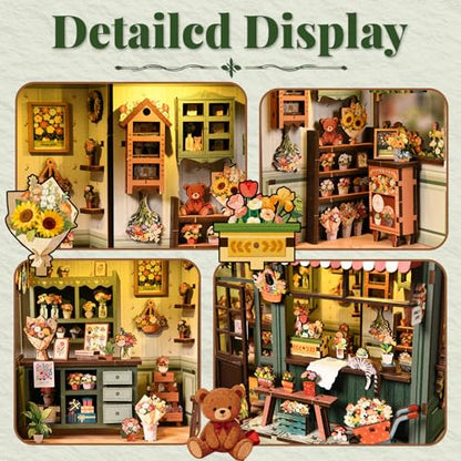 DIY Miniature House Kit for Adults & Teens, Flower Shop Scene Mini House Decor with Touch Switch Light, 3D Wooden Puzzle Gift for Book Lovers & DIY Fans (Aura Verde) - style: Aura Verde