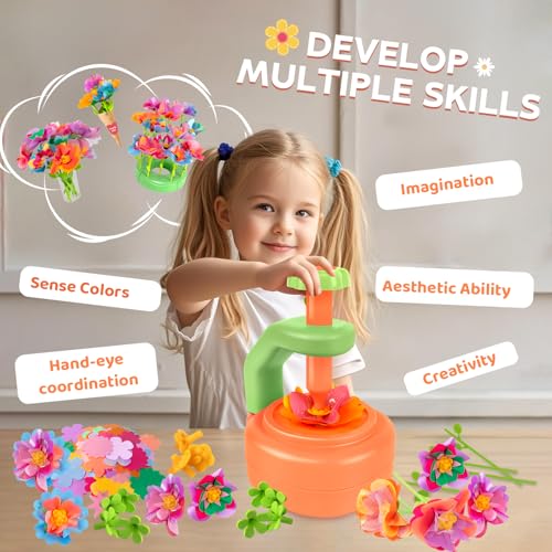 Art & Craft Kit Toys for Girls: DIY Farbric Flower Bouquet Crafts for 3 4 5 6 7 8 Year Old Toddlers | Educational Activiiy Preschool Birthday Gifts Ideas for Kids Age 4-8 Flower Making Crafts Set - color: Orange