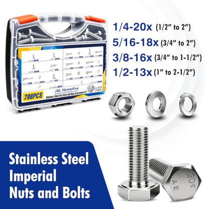 798PCS Stainless Steel Nuts and Bolts Kit, SAE Hex Bolts with Nuts, Flat & Lock Washers, 1/4"-20 5/16"-18 3/8"-16 1/2"-13, 1/2"-13, Carrying Case - color: Silver-798PCS 1/4-20,5/16-18,3/8-16,1/2-13