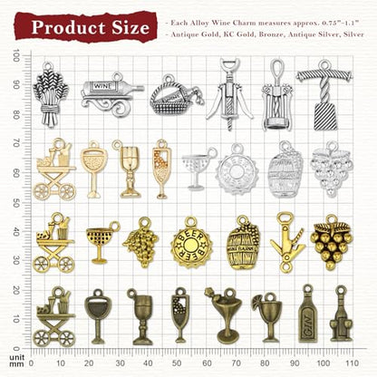100Pcs Wine Charms for Jewelry Making，Alloy Metal Wine Themed Charms Mixed Grape Cocktail Shape Pendant for Bracelets DIY Craft Gifts