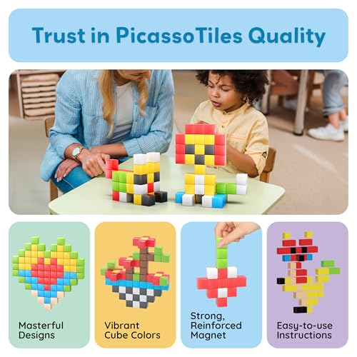 PicassoTiles 102pcs Pixel Magnetic Puzzle Cube 1” Pixel Mix & Match Toys with Ideabook STEM Education Learning Building Block Magnets Construction ToySet Stacking Creative Kit for Kids Age 3+ PMC102 - style: 102pc