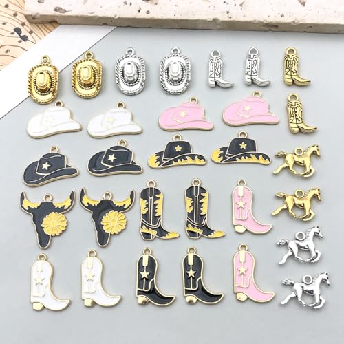 30pcs Western Cowboy Charms for Jewelry Making Alloy Boot Gun Cowboy Boot Hat Horse Cactus Charms Pendants for Necklace Earrings Bracelet Keychain Father's Day Gifts DIY Craft Findings (SN1042) - color: Black White Pink Charms