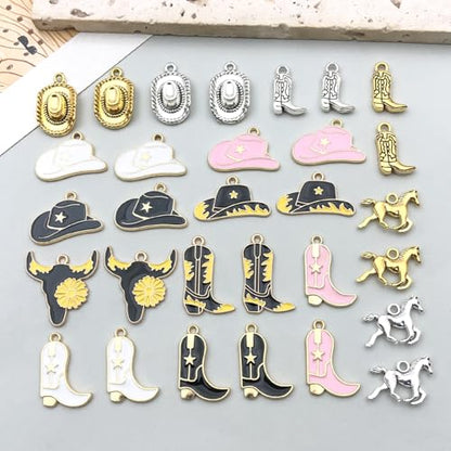 30pcs Western Cowboy Charms for Jewelry Making Alloy Boot Gun Cowboy Boot Hat Horse Cactus Charms Pendants for Necklace Earrings Bracelet Keychain Father's Day Gifts DIY Craft Findings (SN1042) - color: Black White Pink Charms