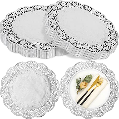 Yexiya 200 Pcs Doilies Lace Paper Doilies 14 Inches Disposable Foil Lace Placemats Large Round Paper Pad Placemats for Cakes Crafts Wedding Birthday Party Decoration(Silver) - color: Silver