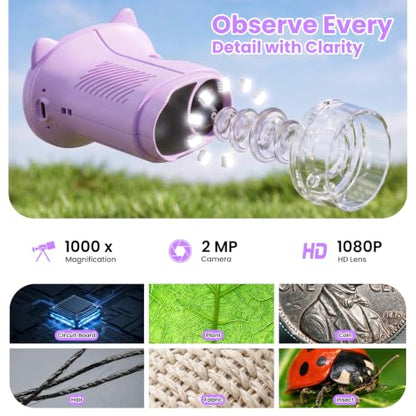 Alotwan Kids Handheld Microscope, 1000X Digital Pocket Microscope for 3-12 - color: Purple